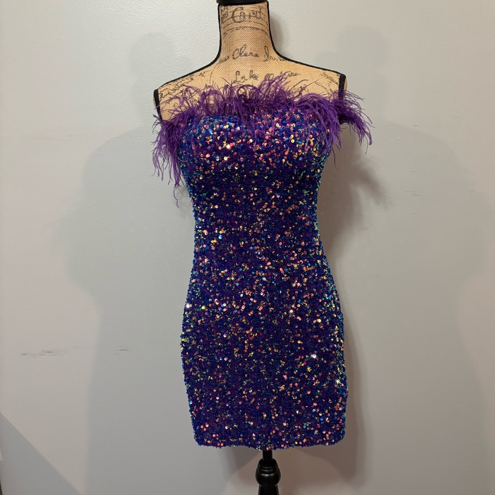 Purple Sequin Prom Dress/ Formal with Feather Accent.